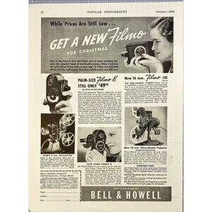 Bell & Howell "XMAS is the time to buy the Filmo Camera" Vintage Print Ad 1940